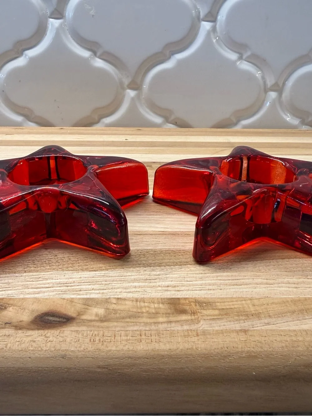 Vintage Ruby Red Glass Star Candle Holders Set of 2 Votive Tealight Mid Century
